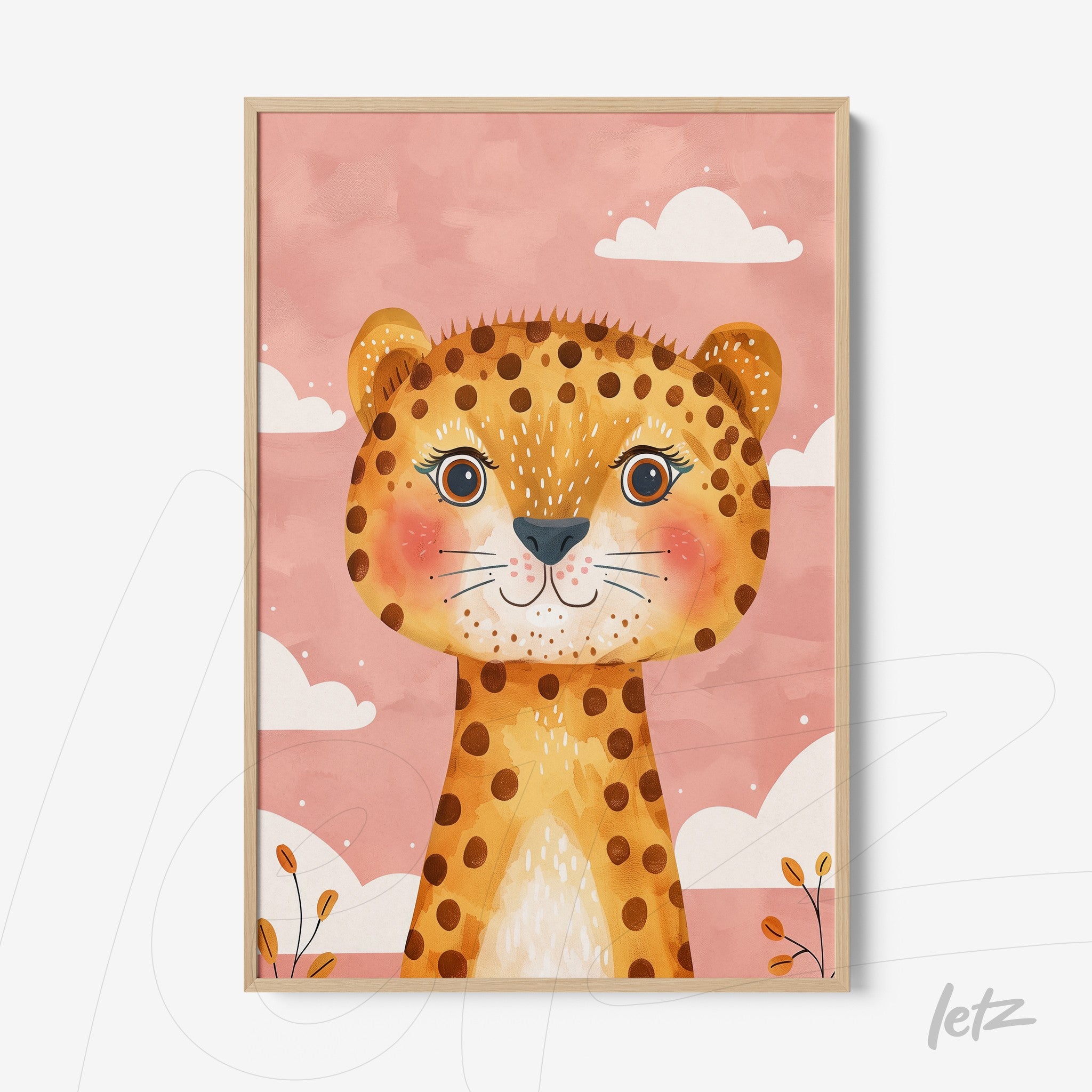 framed art featuring a stylized leopard illustration on a pink background with light frame