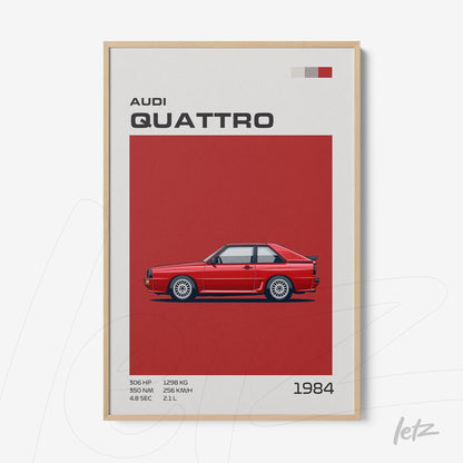 framed artwork featuring a side view of the 1984 Audi Quattro on a red background