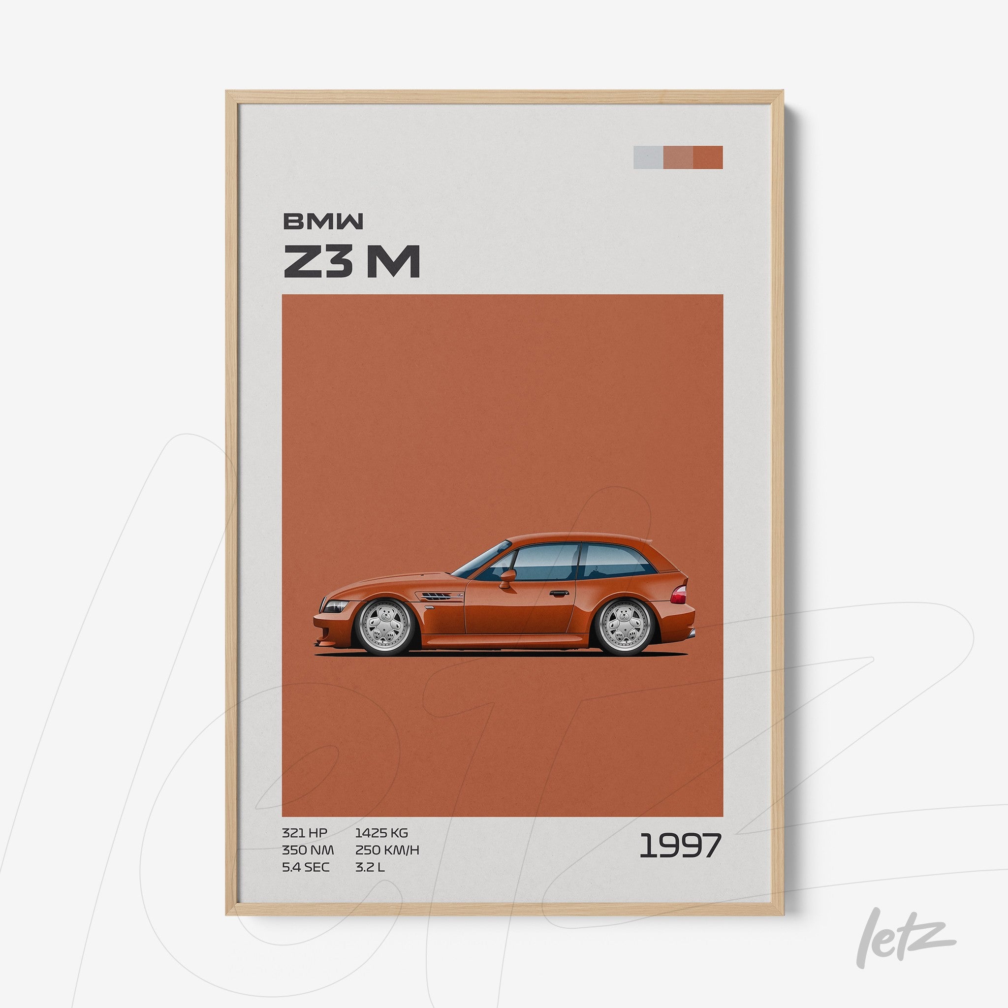 framed illustration of the 1997 BMW Z3 M car with light wood frame