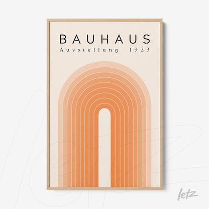 poster with abstract orange design and text bauhaus ausstellung 1923 in light wood frame