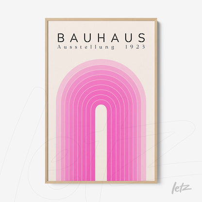poster print bauhaus with pink concentric arches framed in light wood