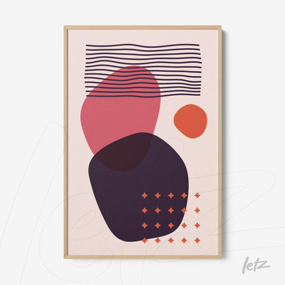 abstract wall art featuring colorful geometric shapes in a light wood frame