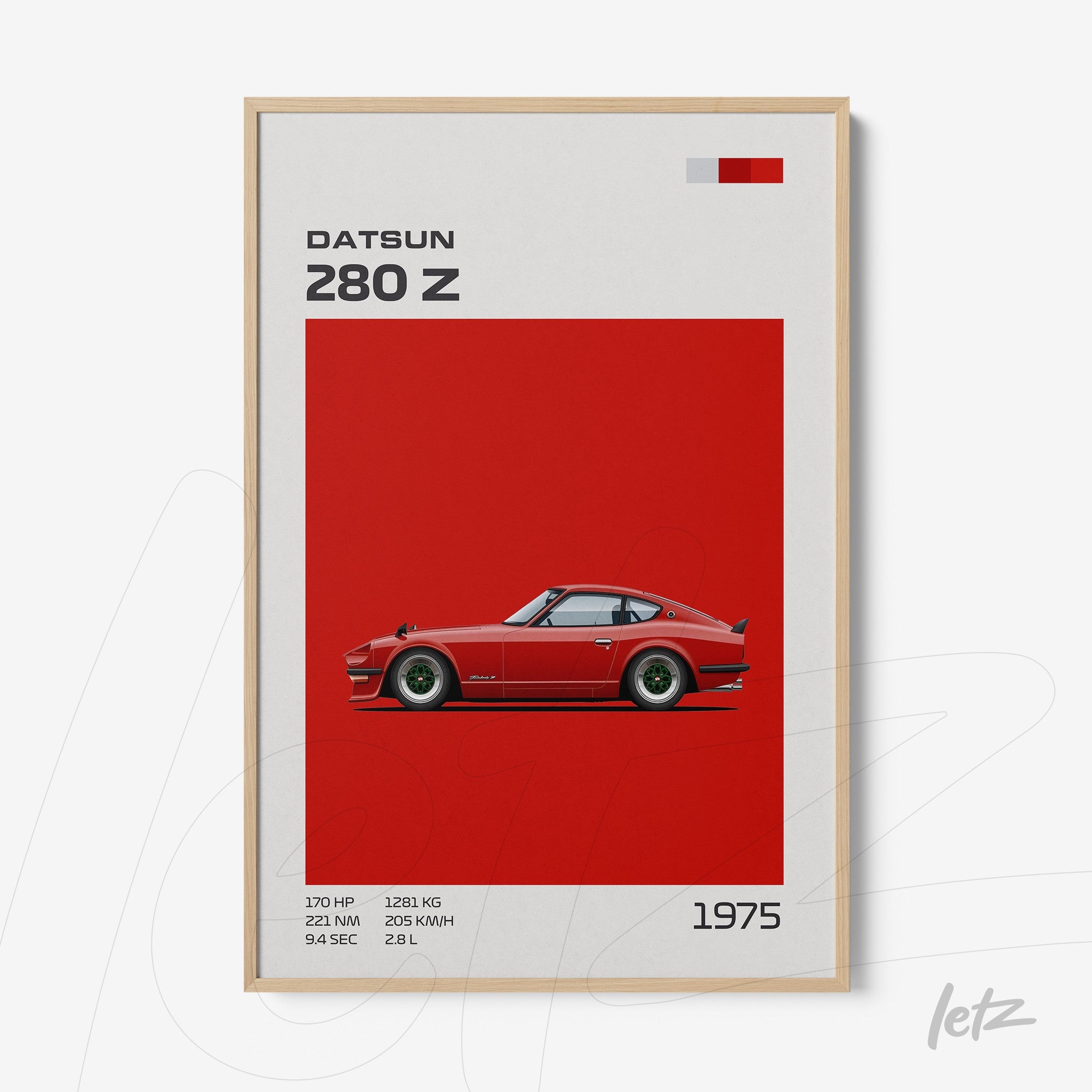 framed digital art of a Datsun 280 Z car on a red background with a light wood frame