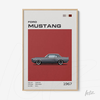 framed wall art of a 1967 Ford Mustang with a light wood frame and red background