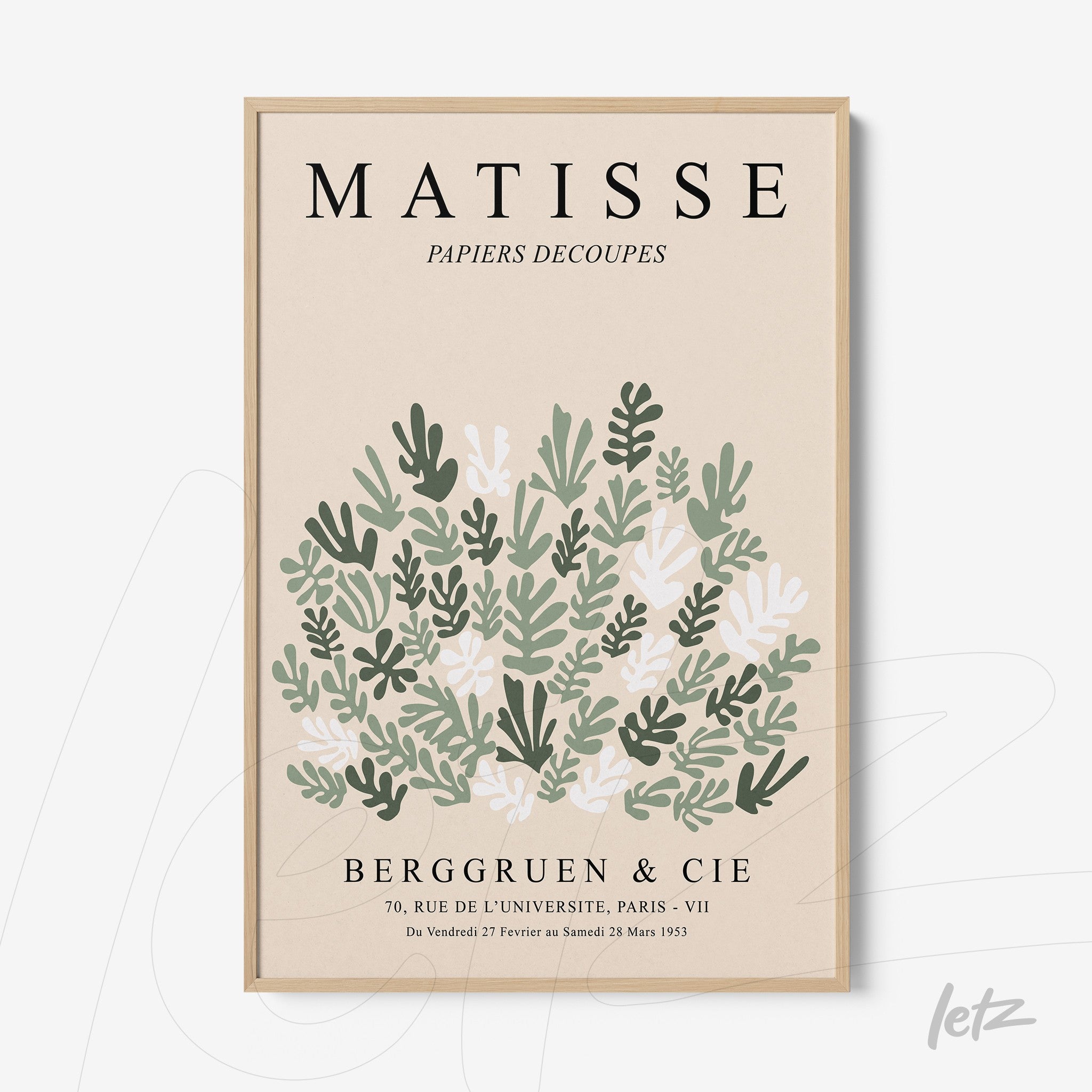 decorative art print inspired by Matisse featuring foliage in green tones and fine black letters in light frame