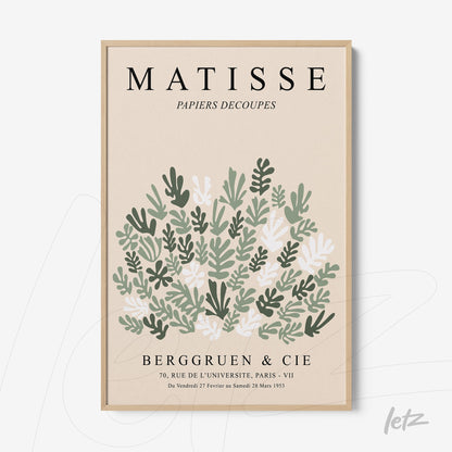decorative art print inspired by Matisse featuring foliage in green tones and fine black letters in light frame