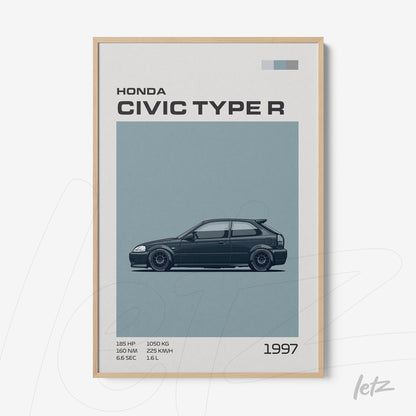 minimalist art print of the 1997 Honda Civic Type R in a light wood frame with a gray background