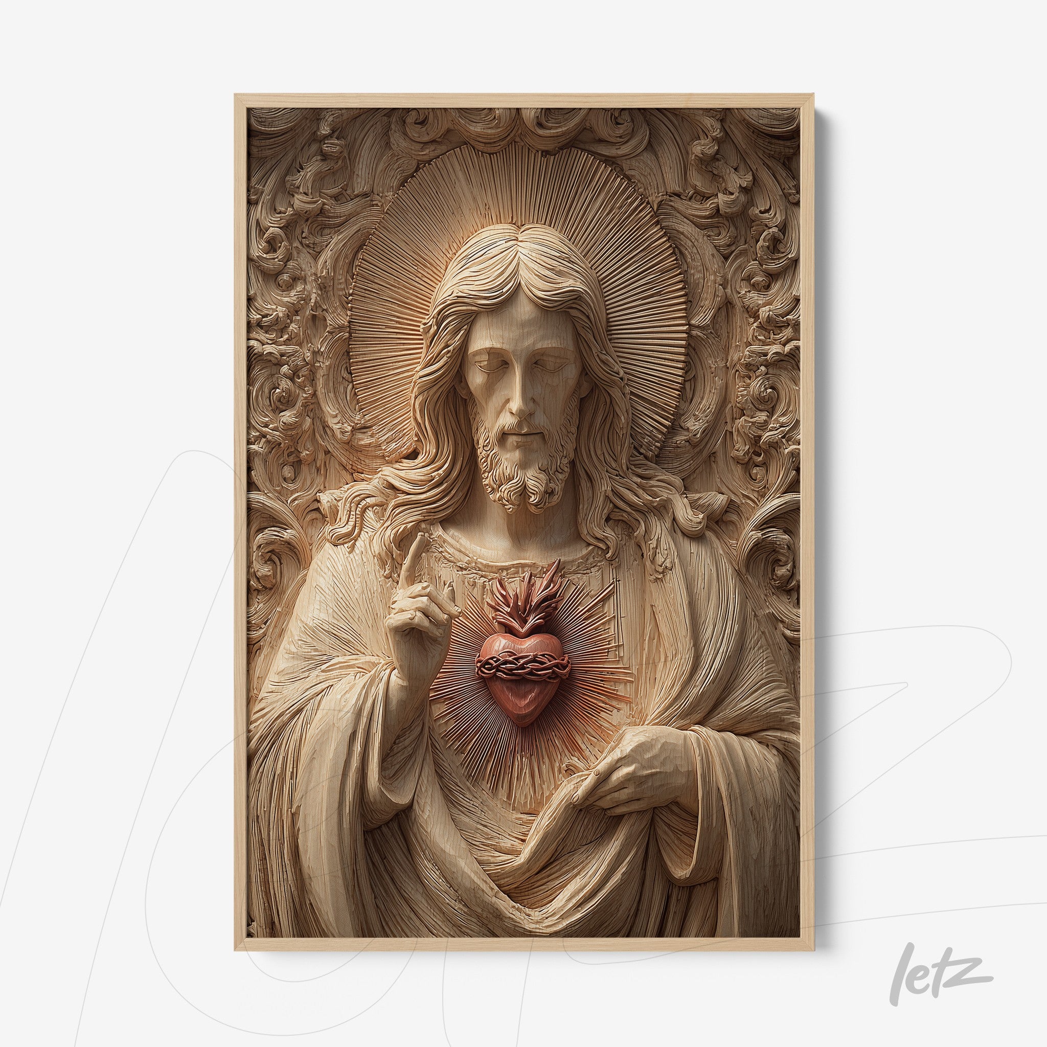 framed artwork in relief depicting Jesus Christ holding a sacred heart with a light wood frame