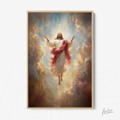 framed religious artwork of Jesus Christ ascended amid intricate clouds with light wood frame