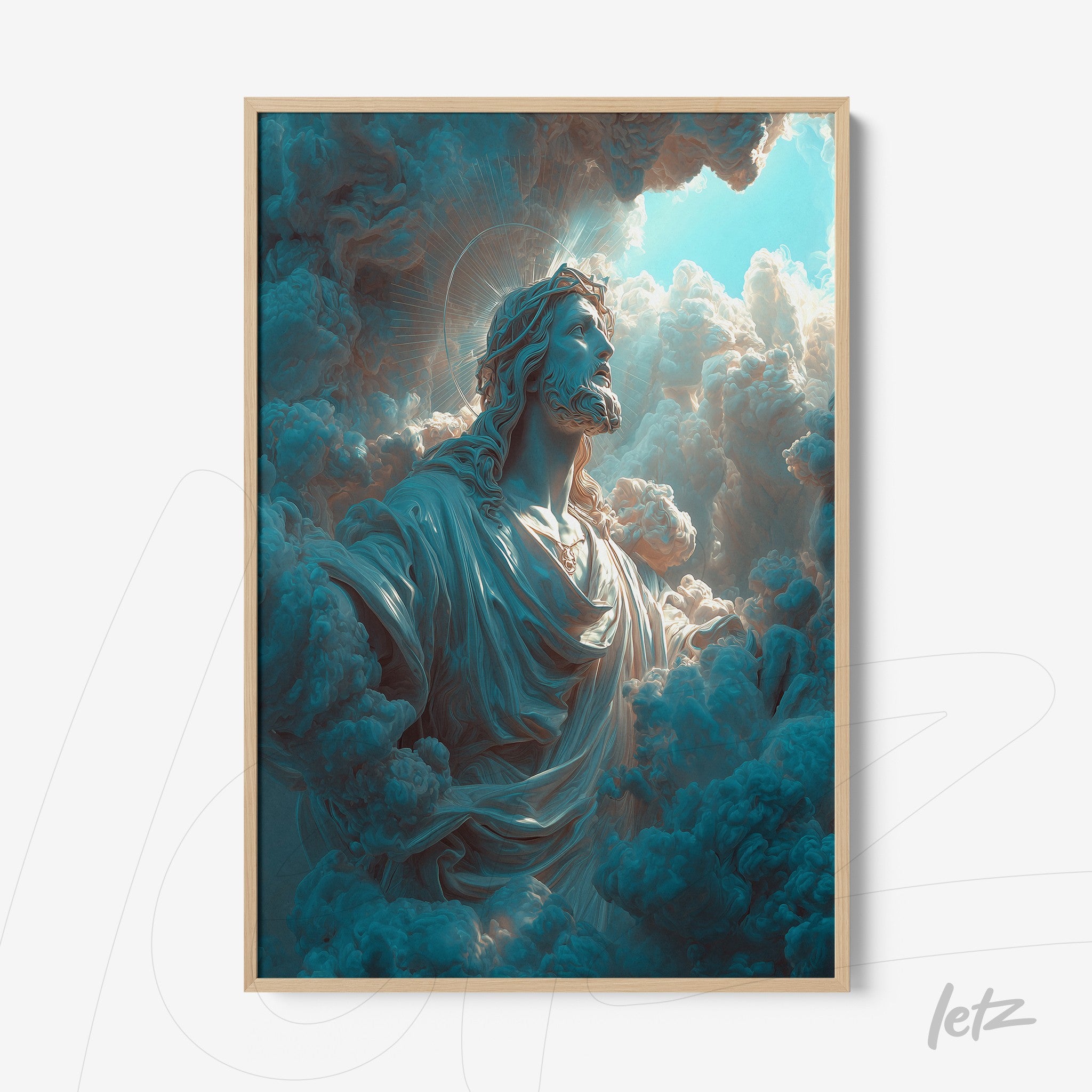 framed wall art of a divine figure surrounded by dramatic clouds with light blue tones