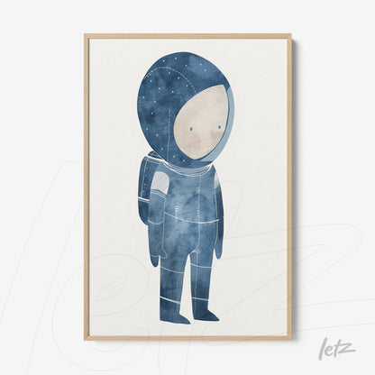 framed artwork featuring a blue-toned illustration of an astronaut with a light wood frame