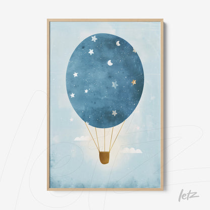 framed artwork of a blue hot air balloon against a starry sky with light wood frame