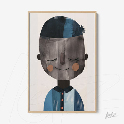 framed wall art featuring a child illustration with a smiling face and blue hair, light wood frame