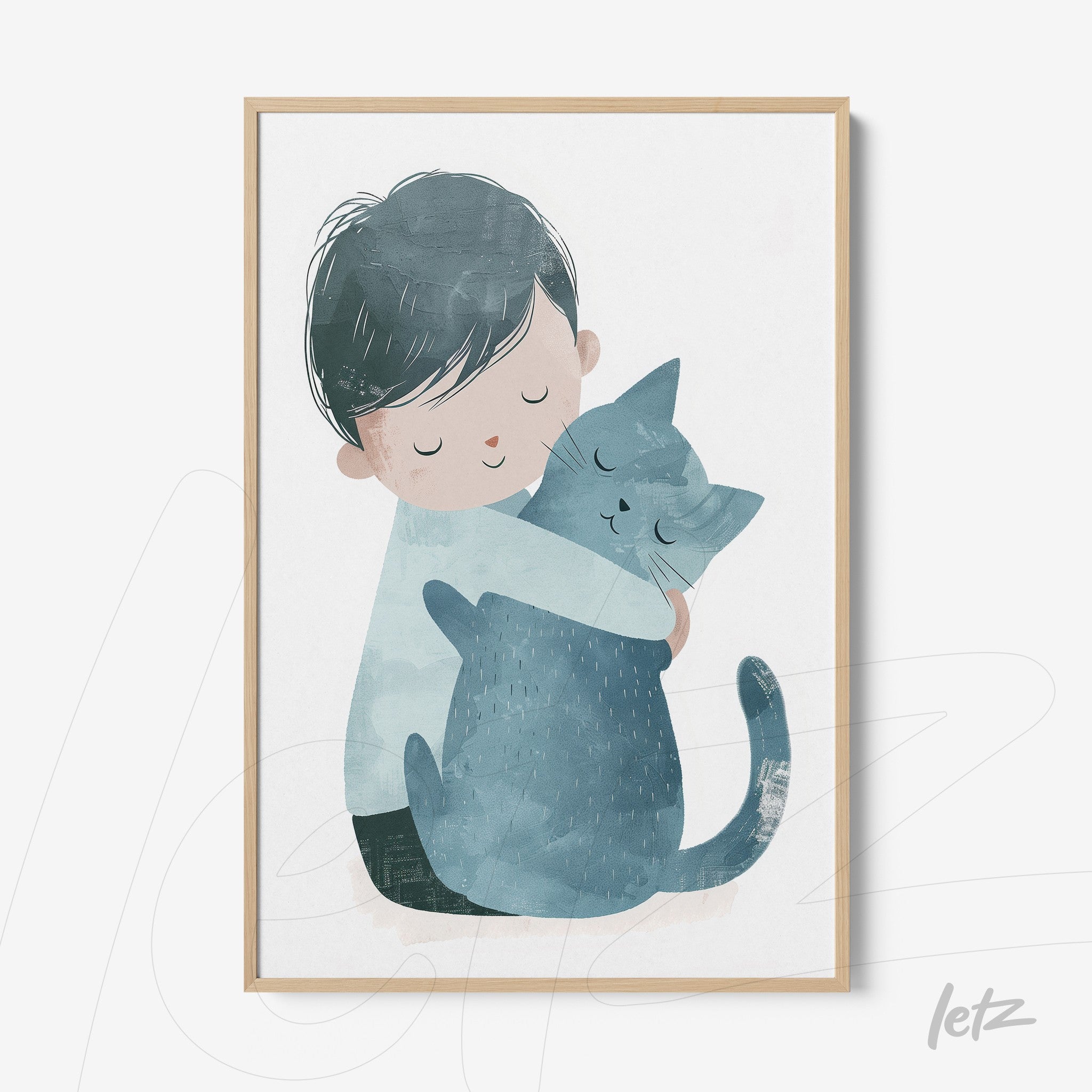 framed illustration of a boy hugging a blue cat with a light frame