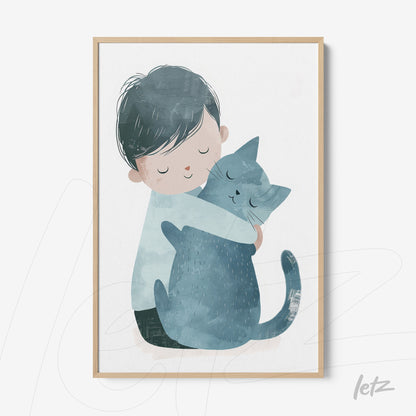 framed illustration of a boy hugging a blue cat with a light frame
