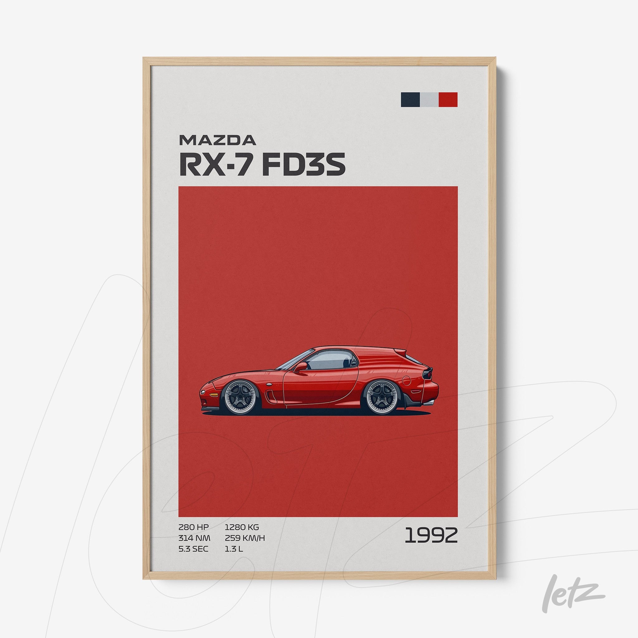 framed wall art featuring a minimalist illustration of the Mazda RX-7 FD3S on a red background with a light wooden frame