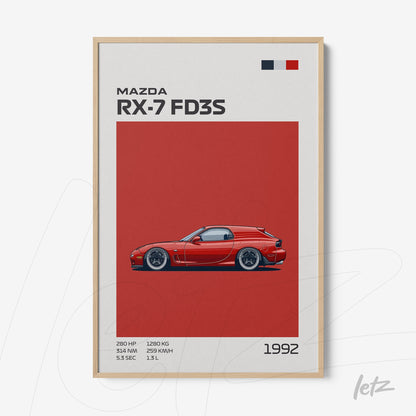framed wall art featuring a minimalist illustration of the Mazda RX-7 FD3S on a red background with a light wooden frame