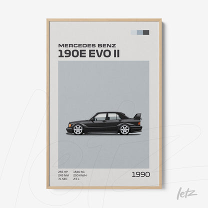 framed artwork of the Mercedes Benz 190E EVO II with a light wood frame