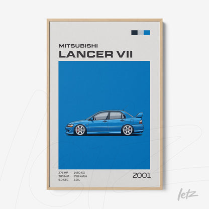 framed artwork featuring the Mitsubishi Lancer VII from 2001 on vibrant blue background with light wood frame