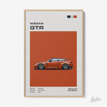 framed wall art featuring a digital illustration of Nissan GTR with light wood frame and orange background
