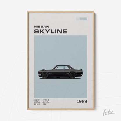 framed wall art featuring a stylized illustration of the 1969 Nissan Skyline in a light wood frame set against a blue background