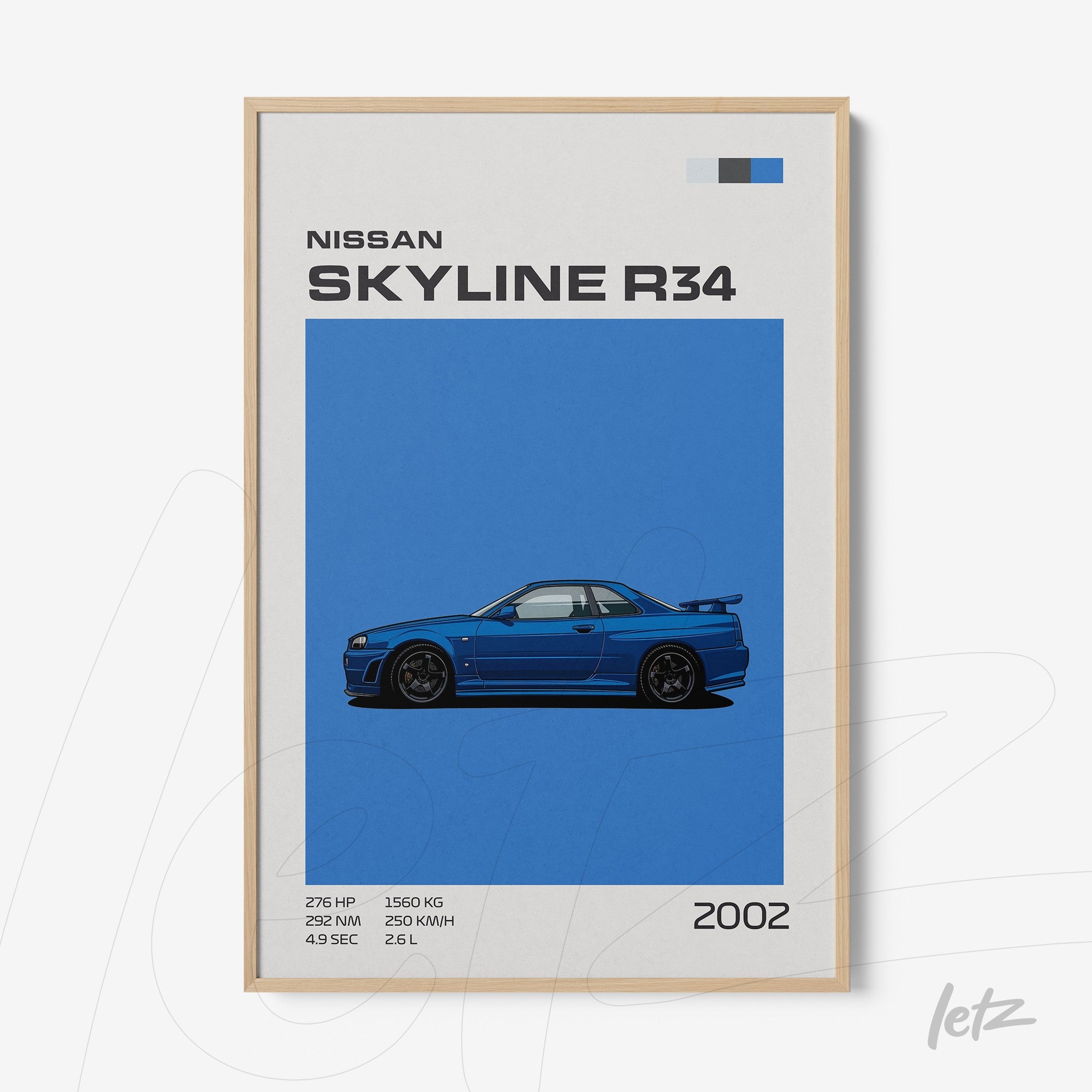 framed art featuring an illustration of Nissan Skyline R34 on a blue background with a light frame