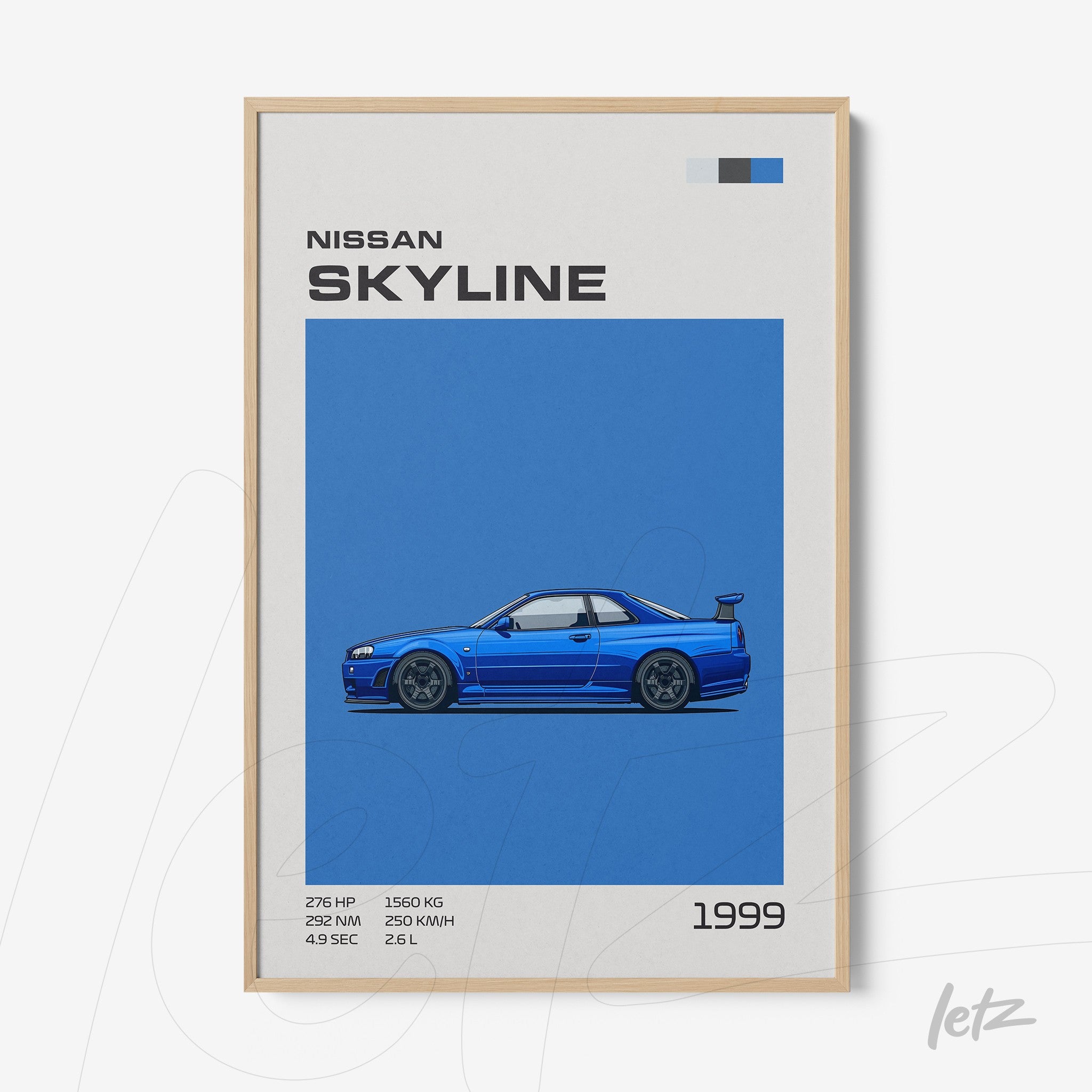 framed wall art featuring a minimalist illustration of the 1999 Nissan Skyline on a blue background with a light frame