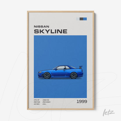 framed wall art featuring a minimalist illustration of the 1999 Nissan Skyline on a blue background with a light frame