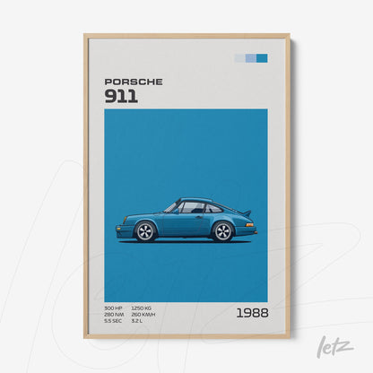 framed artwork featuring a digital illustration of a 1988 Porsche 911 on a solid blue background