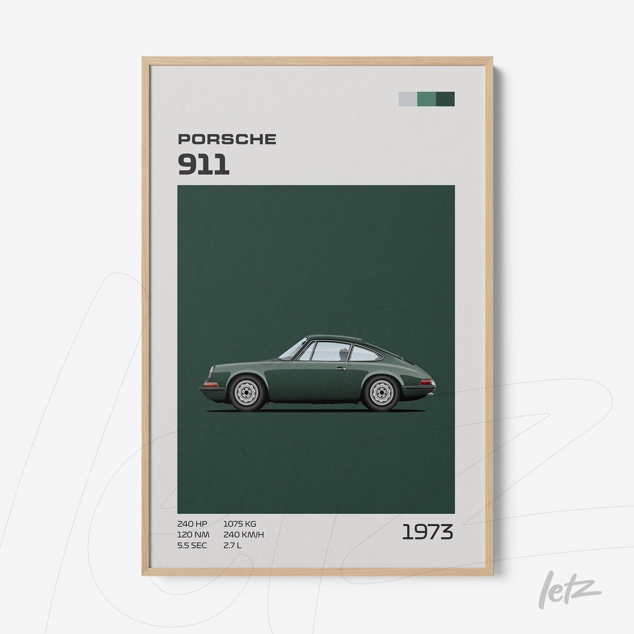 minimalist framed wall art of a 1973 Porsche 911 in light wood frame
