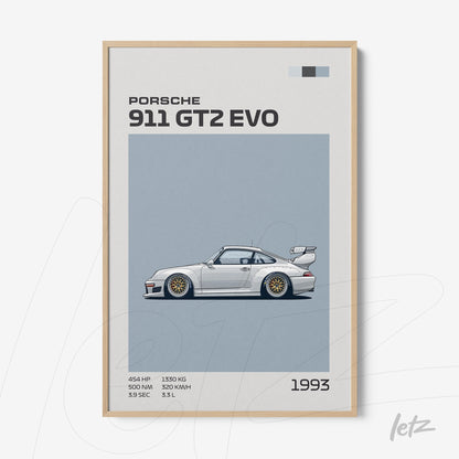 framed minimalist illustration of the 1993 Porsche 911 GT2 Evo with a light wood frame