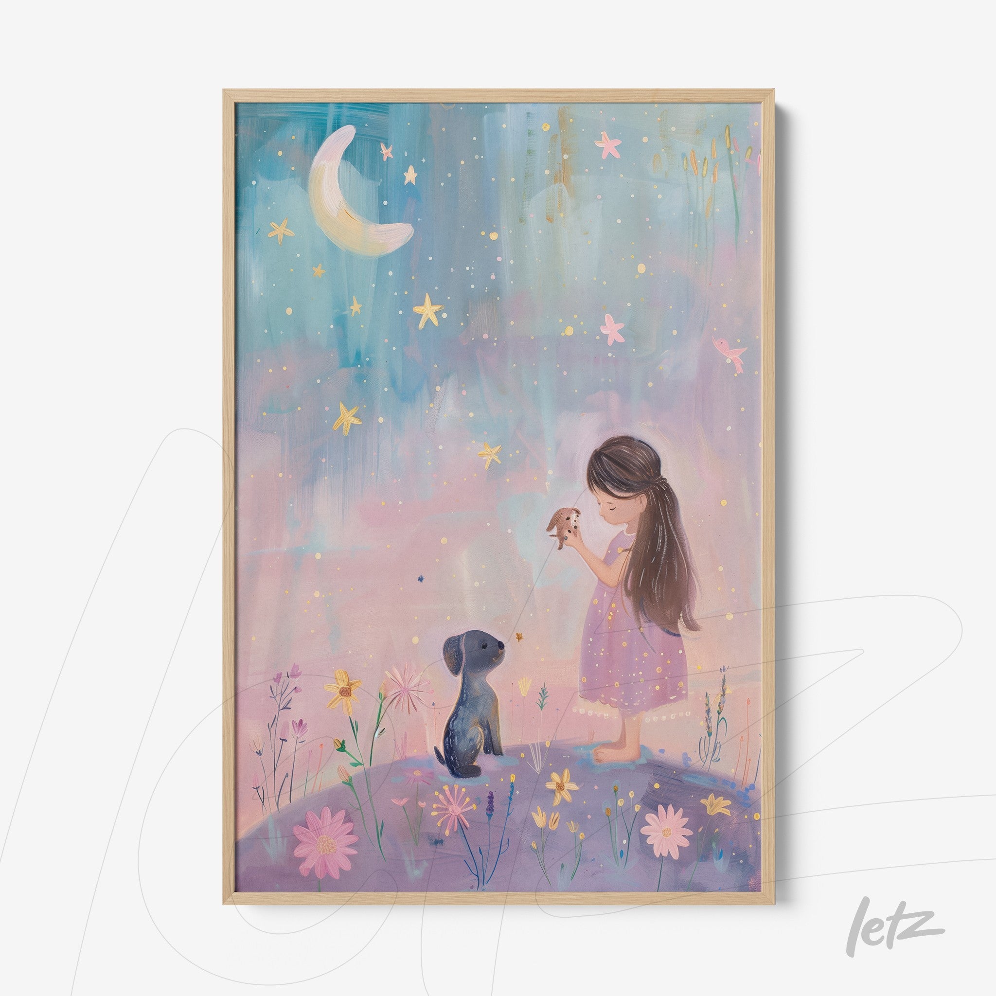 framed wall art featuring a vintage illustration of a girl in a pink dress and a dog under a starry sky