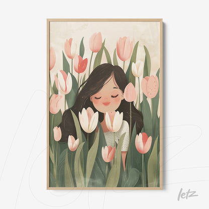 colorful wall art featuring a smiling girl among tulip flowers in a light wooden frame