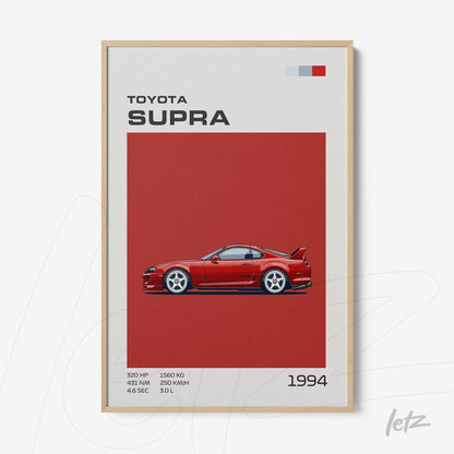 framed artwork of a 1994 Toyota Supra illustration with red background and light wood frame