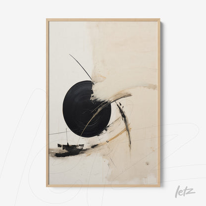 abstract wall art featuring circular black shapes on beige background, framed in light wood