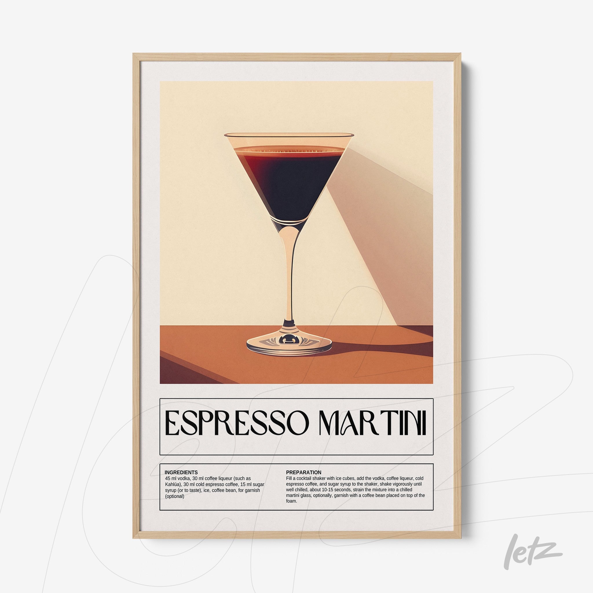 framed artwork featuring an illustration of a martini glass with espresso, light frame and beige background