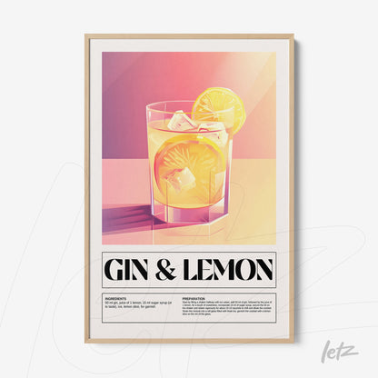 framed graphic art of gin and lemon drink with light wooden frame