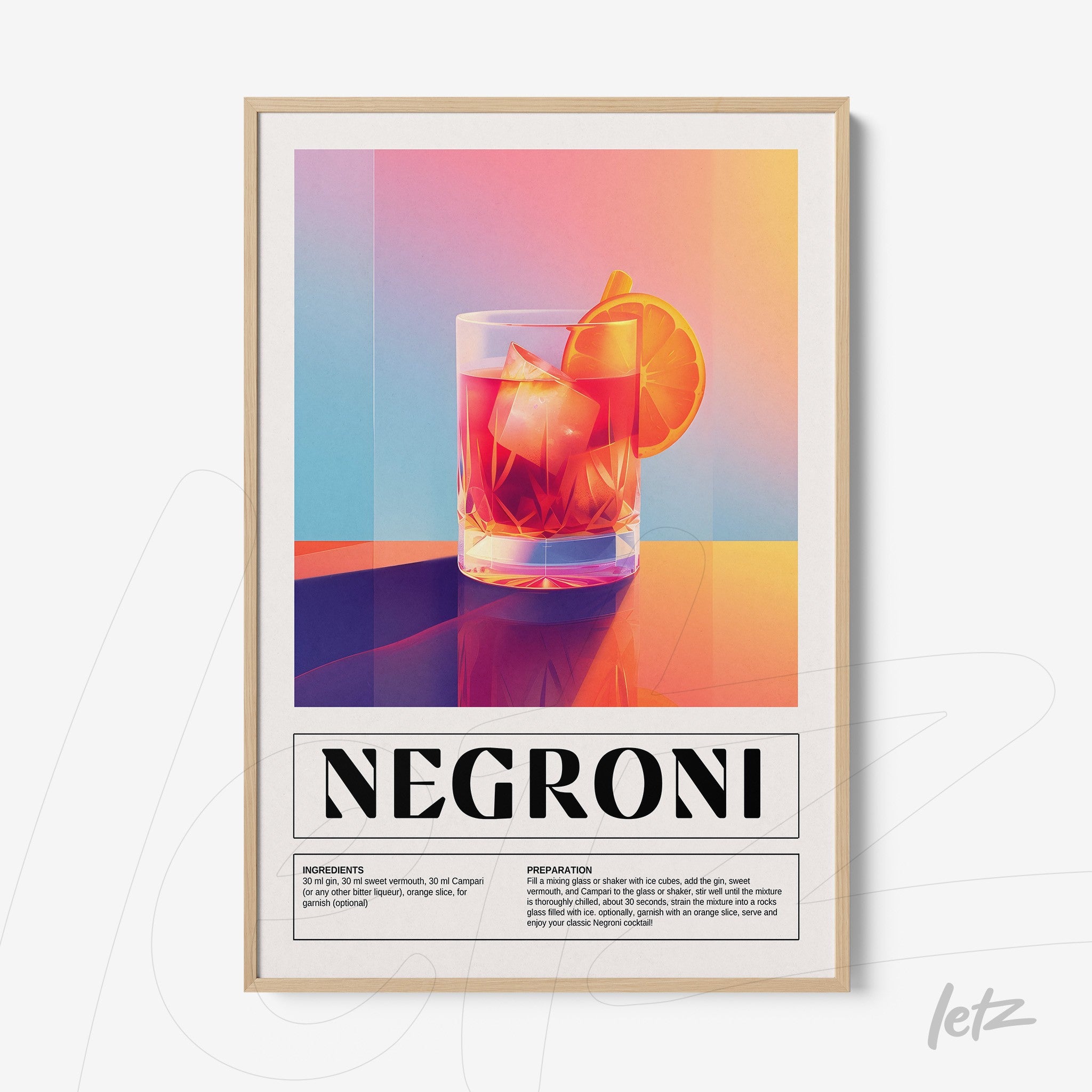 framed wall art of negroni cocktail in light wood frame featuring a glass with ice and orange slice set against a vibrant gradient background