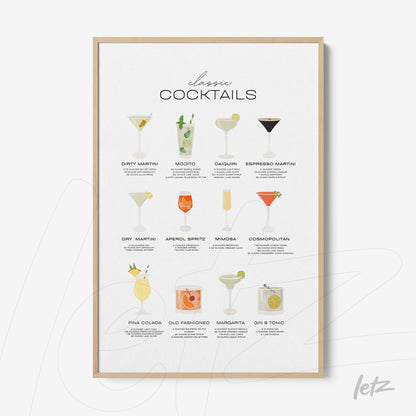 framed artwork featuring illustrations of classic cocktails with a light wood frame on white background