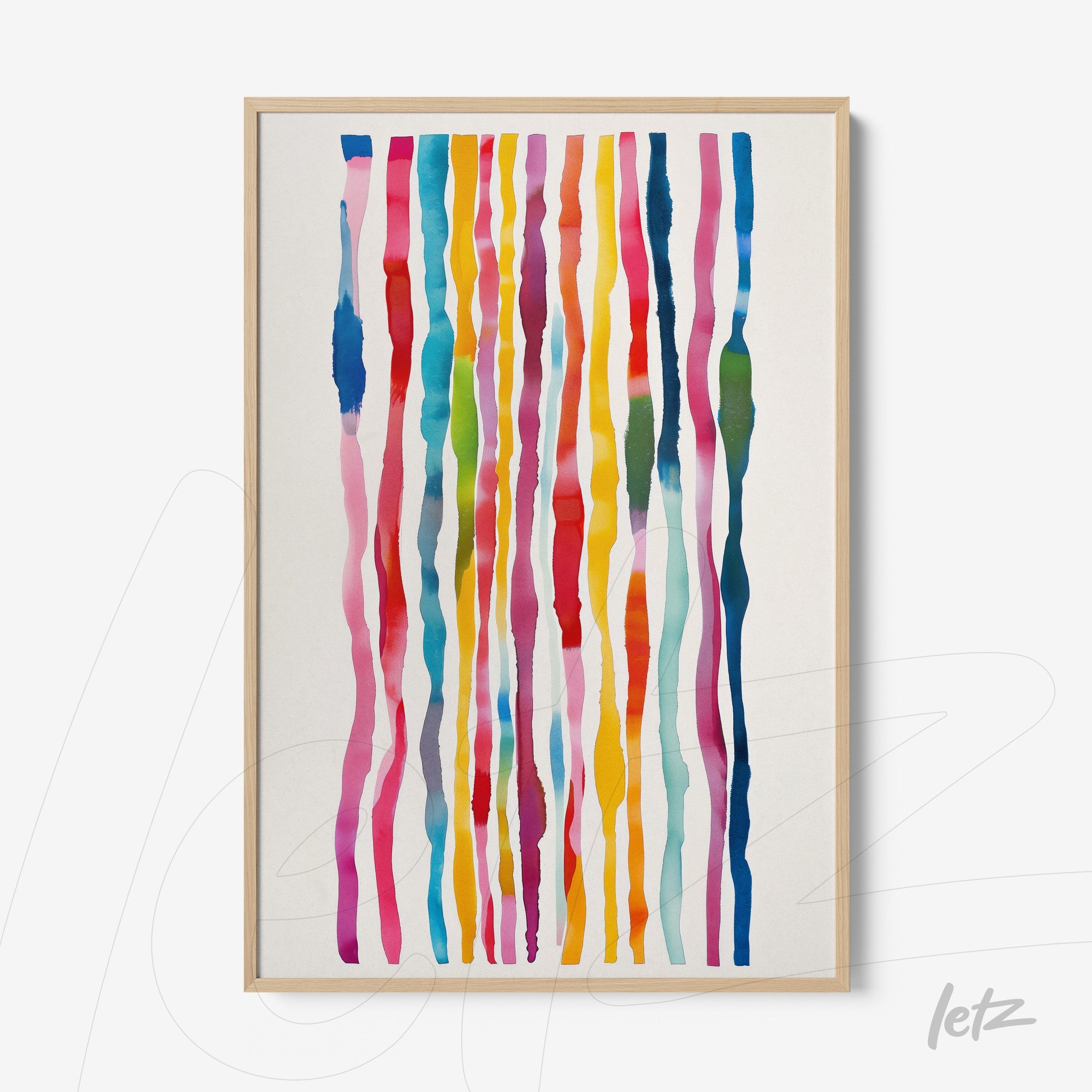 abstract watercolor wall art featuring vertical colorful stripes in a light wood frame