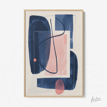 abstract wall art in shades of blue and pink with light wooden frame
