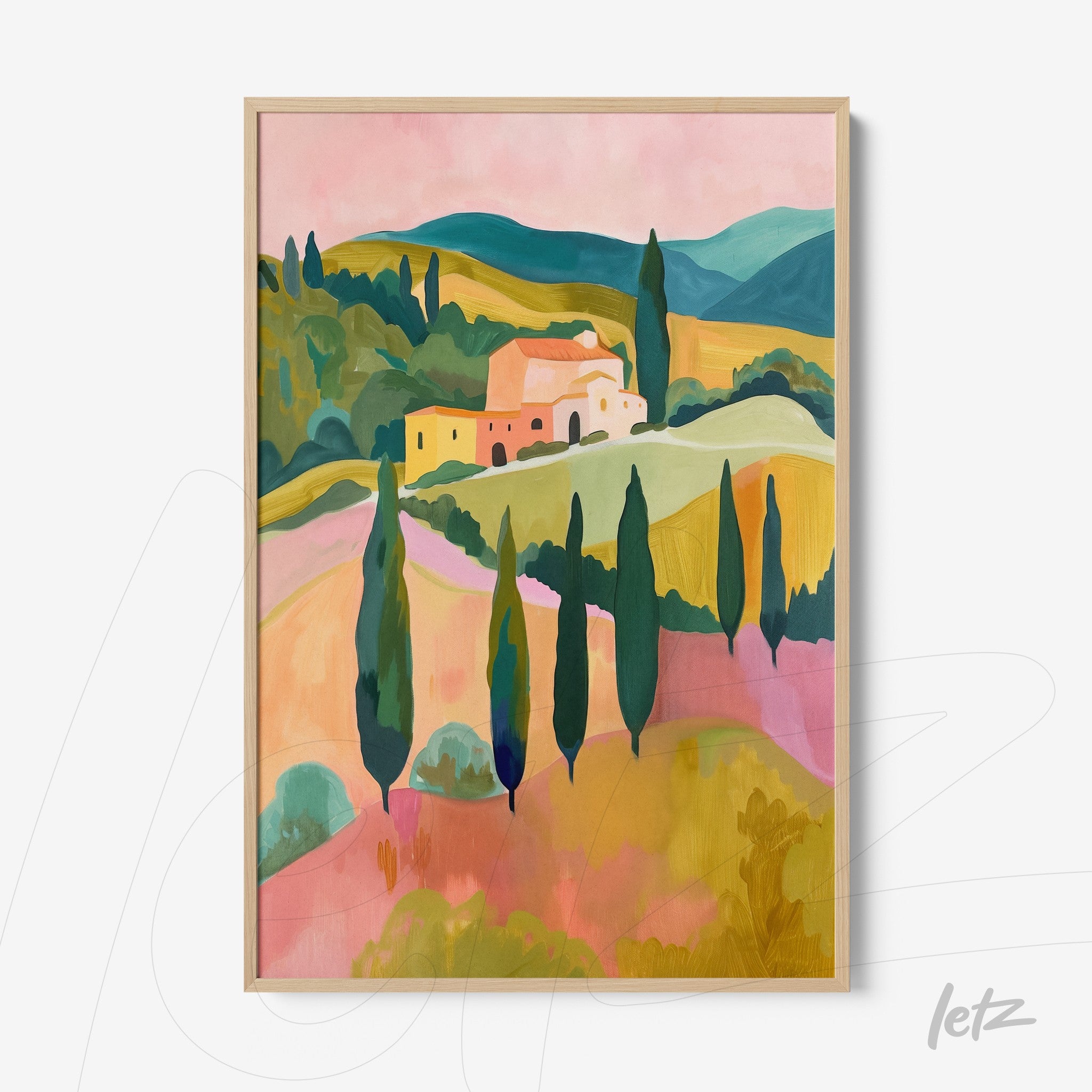 abstract wall art featuring a tuscan landscape with cypress trees and colorful hills in light wood frame