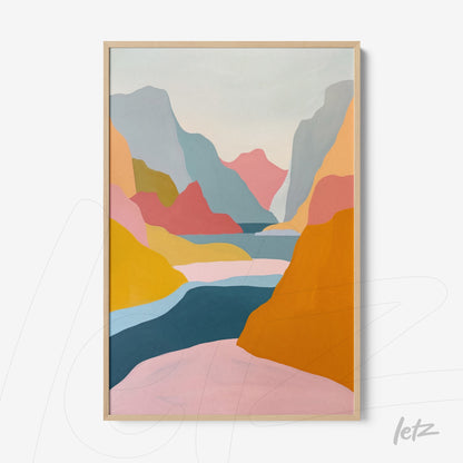 abstract art print featuring colorful mountains in shades of pink, blue, orange, and green within a light wooden frame