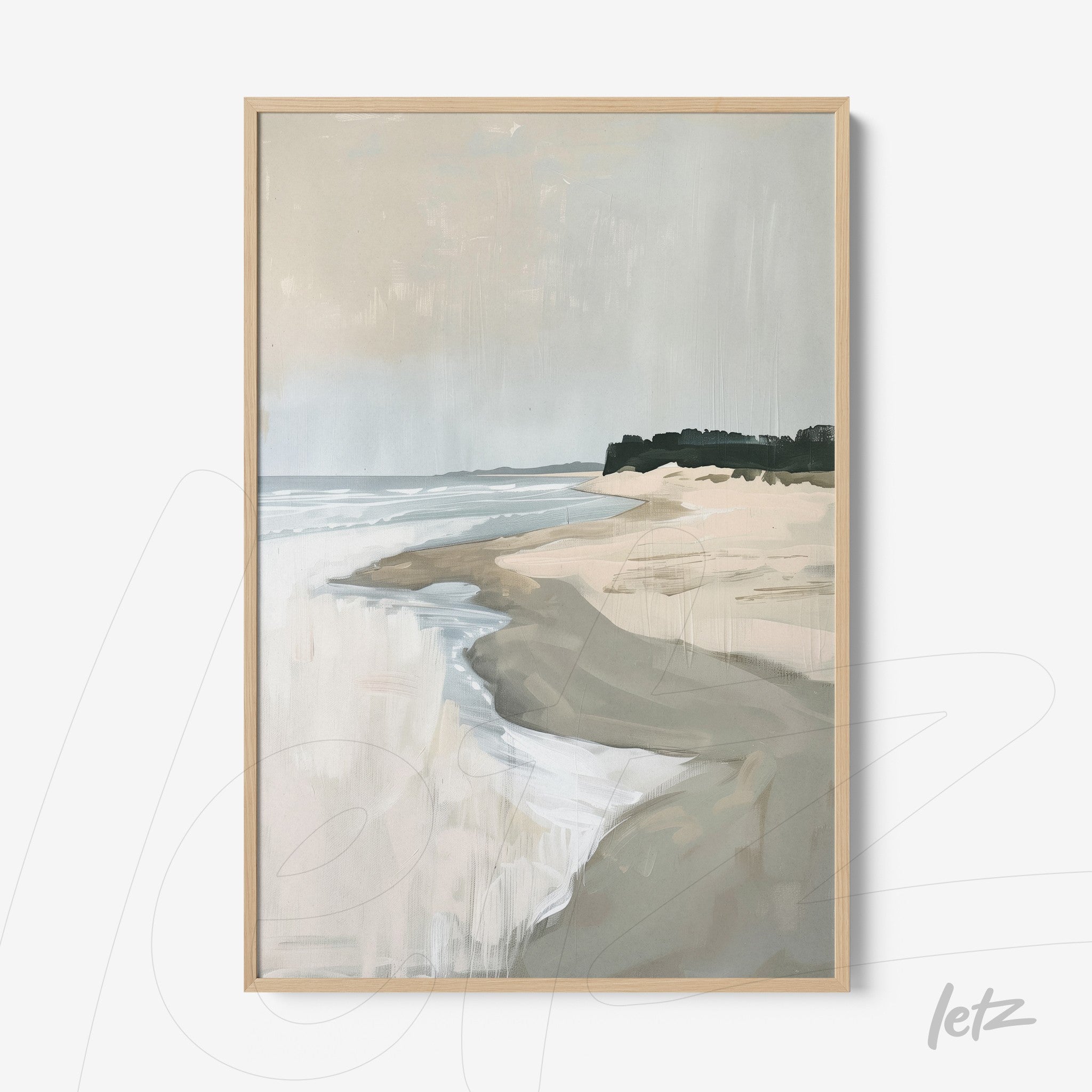 minimalist framed wall art of a beach landscape with sand and water, light wood frame