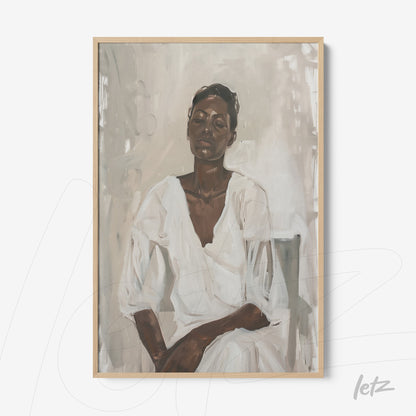 framed contemporary portrait of a woman in white clothing with light wood frame and neutral background