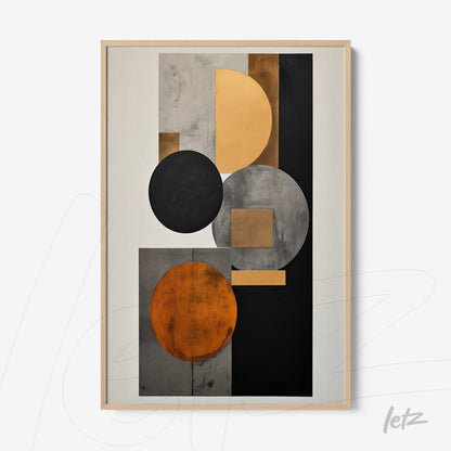 modern wall art featuring geometric composition in black, orange, and gold tones with light wooden frame