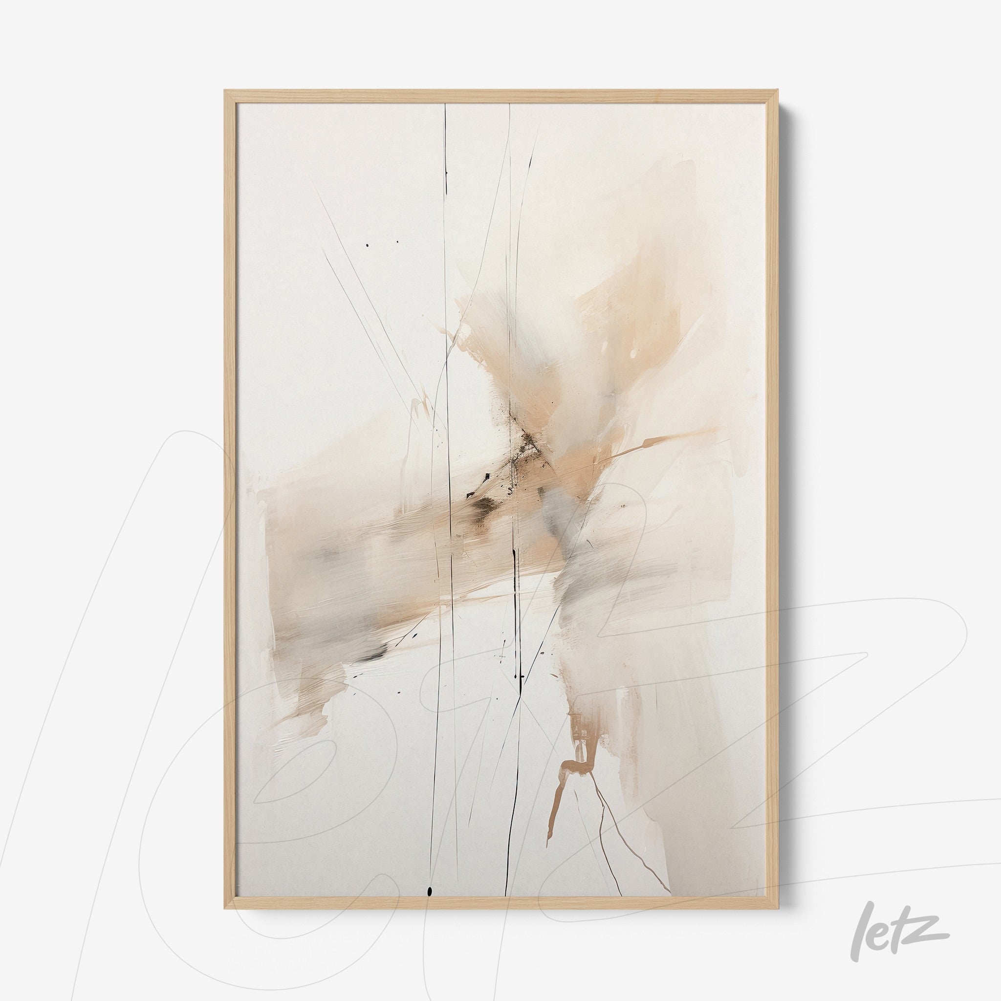 framed abstract art piece in neutral tones with light wood frame