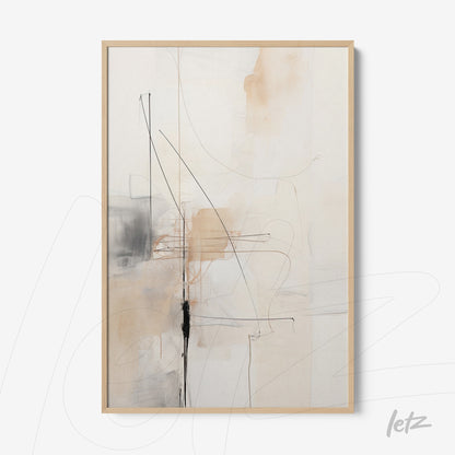 abstract wall art in neutral tones with black and beige lines, framed in light wood