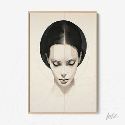 abstract wall art featuring a female portrait in a light frame, subtle circles on a neutral background