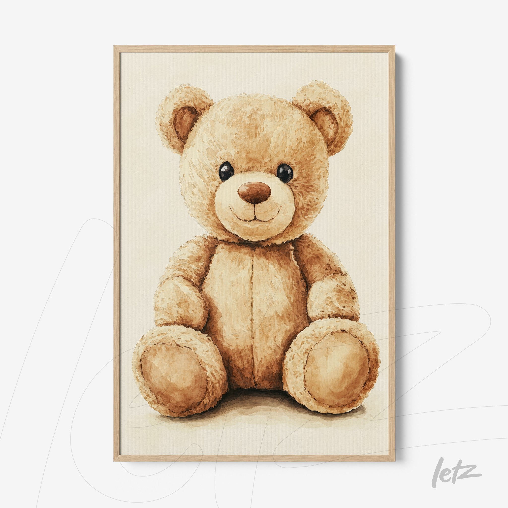 watercolor style teddy bear canvas print with light frame